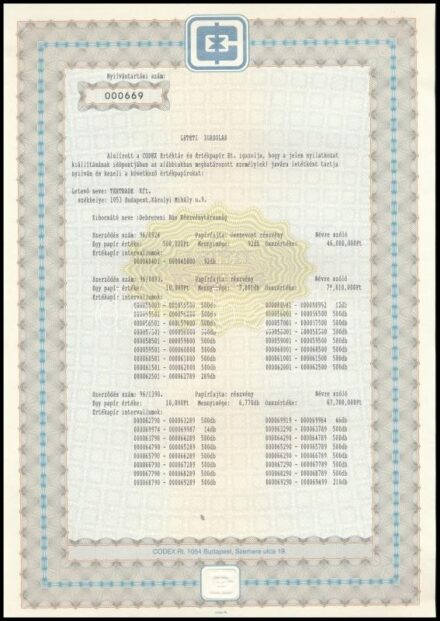 1997 Részvény letéti igazolás, 2 sztl. lev.