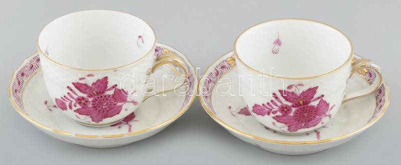 Herendi purpur Apponyi mokkás csésze aljjal, 2db, kézzel festett, kopásnyomokkal, jelzett.