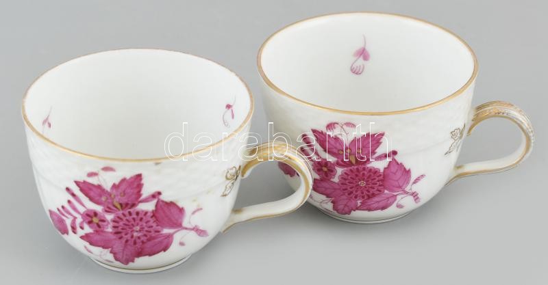 Herendi purpur Apponyi mokkás csésze aljjal, 2db, kézzel festett, kopásnyomokkal, jelzett. - Image 3