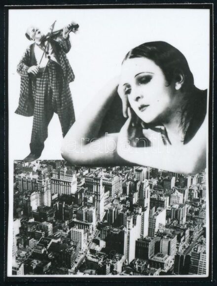 cca 1940 előtti kollázs, ismeretlen művész alkotásának későbbi prezentációja miniatűr fotón, ezüstzselatinos fotópapíron, 5,2x3,9 cm