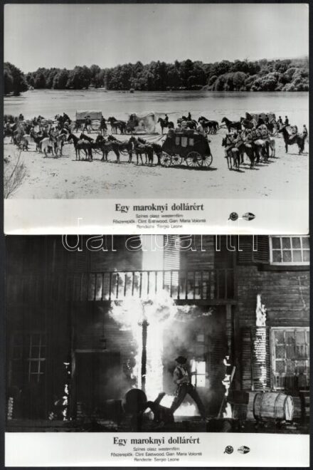 1965 ,,Egy maroknyi dollárért' című olasz westernfilm jelenetei és szereplői (köztük Clint Eastwood és Gian Maria Volonté), 11 db vintage produkciós filmfotó, 18x24 cm