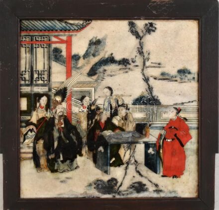 Kínai márvány kép. Kézzel festett, XIX. sz. ragasztott 31x31 cm / Chinese marble picture. Hand painted, cracked. 31x31 cm
