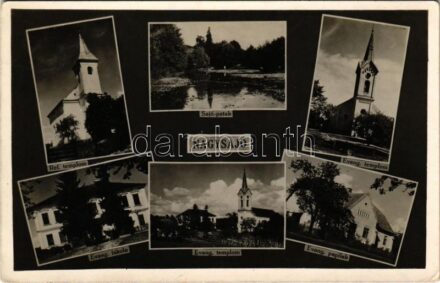 1942 Nagysajó, Sieu; Sajó patak, Református templom, Evangélikus templom, iskola és papilak / creek, Calvinist church, Lutheran church, school and rectory