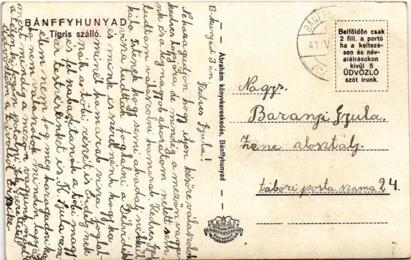 1941 Bánffyhunyad, Huedin; Tigris szálló, Szilágyi Márton frontharcos vendéglő és étterem, Hangya, Patika gyógyszertár, Albert Lázár és Kolozsvári András üzlete, autó / hotel, restaurant, shops, automobile, pharmacy - Image 2