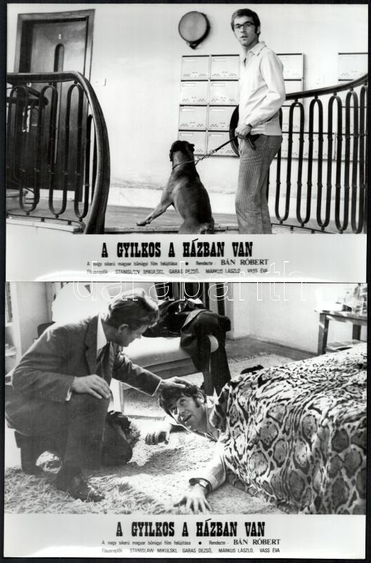 1971 ,,A gyilkos a házban van' című magyar film jelenetei és szereplői (köztük Márkus László, Garas Dezső, Major Tamás, Vass Éva), 13 db vintage produkciós filmfotó, ezüstzselatinos fotópapíron, 18x24 cm