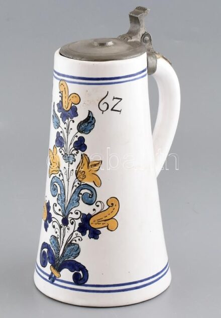 Habán másolat, söröskorsó, kerámia, ón fedővel, jelzett, m:26cm