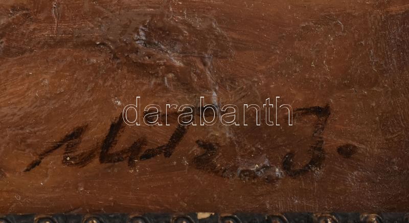 Rákosi Uitz János (1887-?): Aratás után. Olaj, karton, jelzett. 34x43 cm. Dekoratív, sérült fa keretben. - Image 2