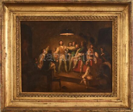 Jelzés nélkül, feltehetően a XIX. sz. végén/XX. sz. elején működött magyar festő: Történelmi jelenet. Olaj, vászon. 30x38 cm. Dekoratív, kissé sérült fakeretben.