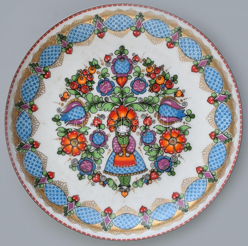 Népi mintás zománcozott fém fali dísztál, jelzés nélkül, d: 15,5 cm