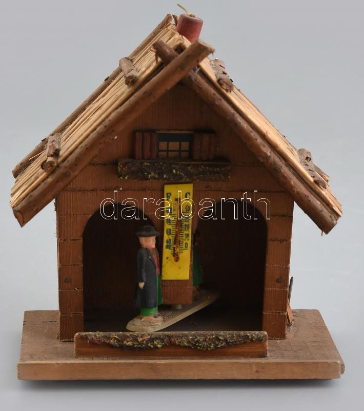Időjárásjelző házacska férfi és nő figurával, fa, hiányos, tisztításra szorul, 14,5x13,5x7,5 cm