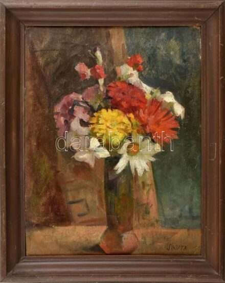 Sikuta jelzéssel: Virágcsendélet. Olaj, karton, sarkaiban kissé sérült. 42x32 cm. Dekoratív, kissé kopott fa keretben.