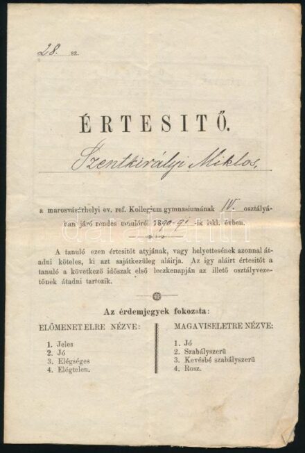 1890 Marosvásárhelyi ref gimn bizonyítványa.