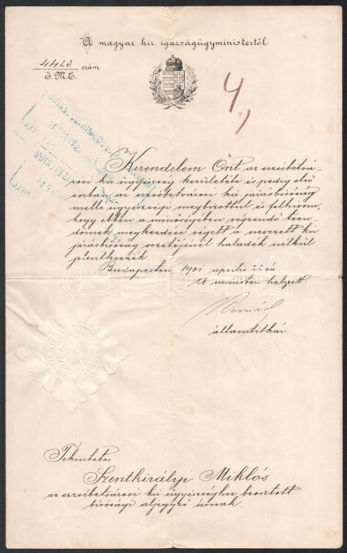 1901 Kirendelés erzsébetvárosi ügyészséghez viaszpecséttel.