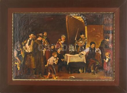 Munkácsy Mihály után: Siralomház. Olaj, vászon, 39,5x59 cm. Dekoratív, kissé sérült fa keretben.