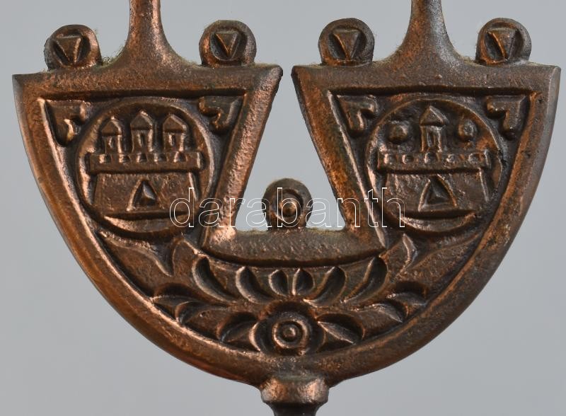 Iparművész vörösréz és fa kétágú gyertyatartó, m: 16 cm - Image 3