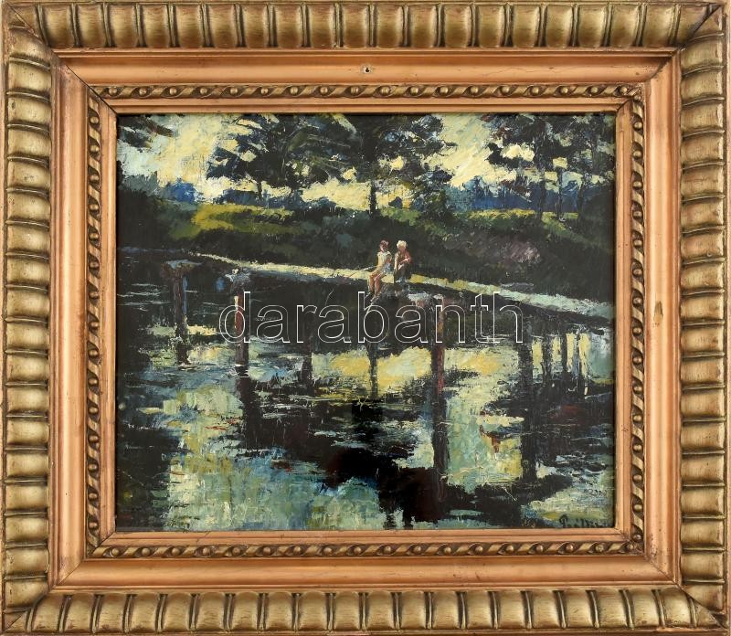 Paál (...?) jelzéssel: Pecázók. Olaj, karton. 40x44 cm. Dekoratív, üvegezett fakeretben.