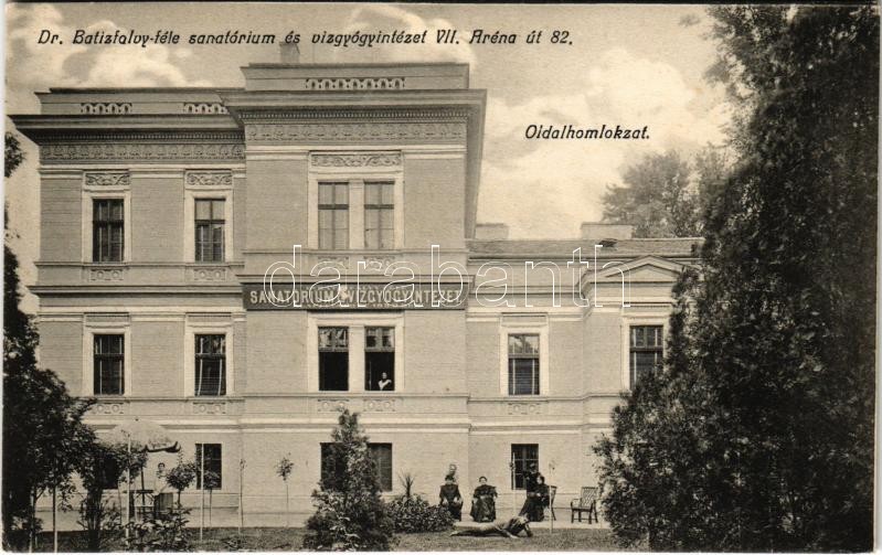 Budapest VII. Dr. Batizfalvy-féle szanatórium és vízgyógyintézet, oldalhomlokzat. Aréna út 82. (ma Dózsa György út) Weinberger és Fehér kiadása