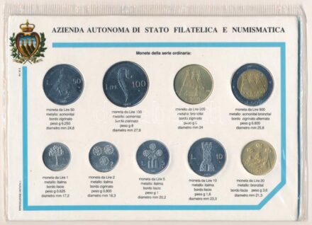 San Marino 1987. 1L - 500L (9xklf) forgalmi sor karton díszlapon T:1 San Marino 1987. 1 Lire - 500 Lira (9xdiff) coin set on cardboard sheet C:UNC