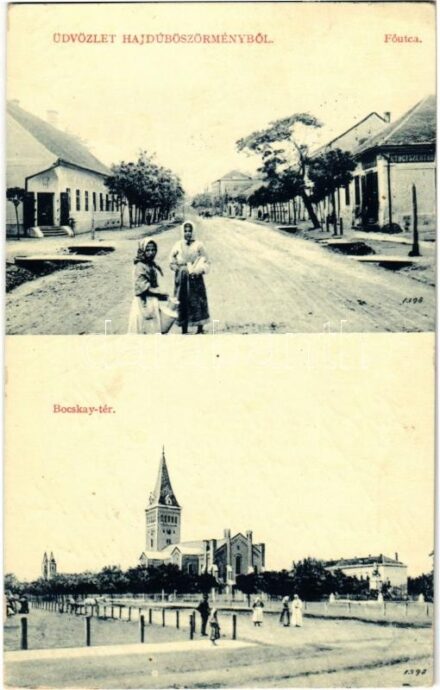 Hajdúböszörmény, Fő utca, Bocskay tér, gyógyszertár. W.L. Bp. 8087. (EK)