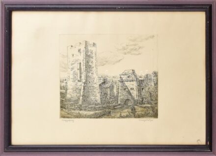 Varga Mátyás (1910-2002): Nagyvázsony. Rézkarc, papír, jelzett. Üvegezett fakeretben, 24×29 cm