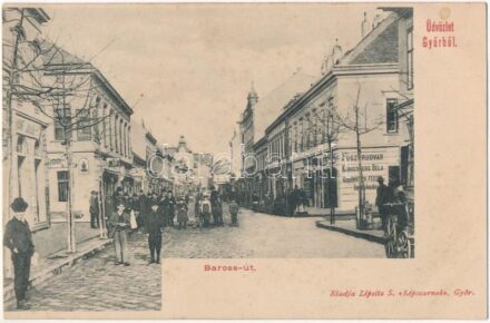 Győr, Baross út, Königsberg Béla, Piczek György, Strausz Jenő és Diamant Jakab üzlete. Lipsitz S. Képcsarnok kiadása