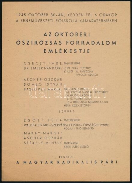 1946 Az Októberi Őszírózsás Forradalom emlékestje a Magyar Radikális Párt röplapja