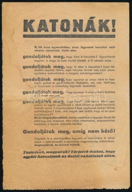 1944 Katonák a Vöröshadseregben harcoló magyarok szovjetellenes nemzetiszocialista röplap