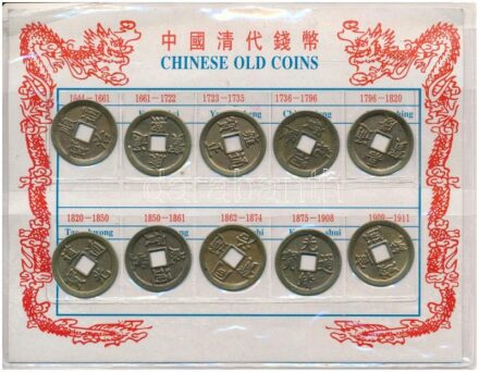 Kína DN 10db-os 'Chinese Old Coins' régi kínai pénzek utánöntött másolatai karton díszlapon