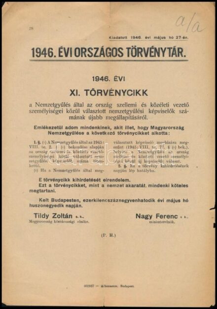 1946 Törvénytár Nemzetgyűlés szellemi és közéleti vezetők közül választott képviselőkről