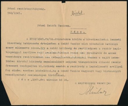 1945 A Pécsi Zsidó Tanáccsal kapcsolatos 3 db okmány
