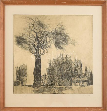 Decsi Ilona (1950-): Öreg kerítés. Rézkarc, papír, jelzett, számozott: 49/100. Üvegezett, kissé kopott fakeretben, 39×39 cm