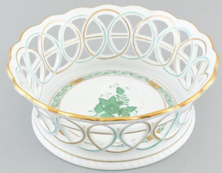Herendi Apponyi mintás áttört porcelán kosár, kézzel festett, jelzett, kis kopásnyomokkal, d: 18 cm