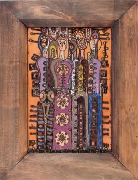 Fajka János (1935): 'Lányok' 1981, tűzzománc, hibátlan állapotban, igényes keretben 39×26 cm. 1935-ben született Nagykőrösön. Mesterei id. Rácz József, Dudás Jenő, Schubert Ernő és Rákosi Zoltán. Az Iparművészeti Főiskolát