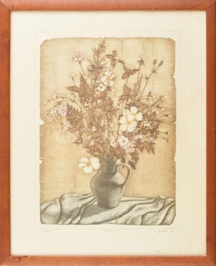 Gaál Domonkos (1940-2009): Csokor. Rézkarc, papír, jelzett, számozott (23/50). Üvegezett, kissé kopott fakeretben, lap alja kissé foltos, 39×29 cm