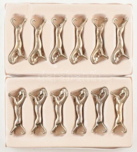 Figurális, ló formájú, francia késbak, 12db, fém, tartóban, jelzés nélkül, h: 9 cm