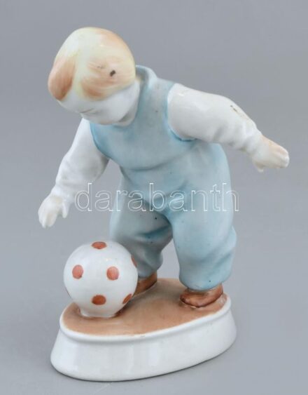 Zsolnay porcelán 'Labdás Öcsi', kézzel festett, jelzett,(tervező:Sinkó András), apró mázhibával, m: 11 cm
