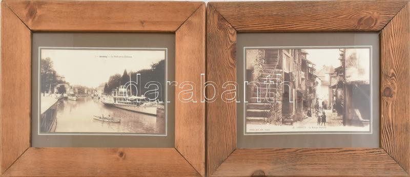 Dekoratív üvegezett fakeret, 2db, benne Annecy város nyomata. Franciaország keleti részén, Auvergne-Rhône-Alpes régiójában, Haute-Savoie megye székhelye. Szép rusztikus állapotban. 24x30cm