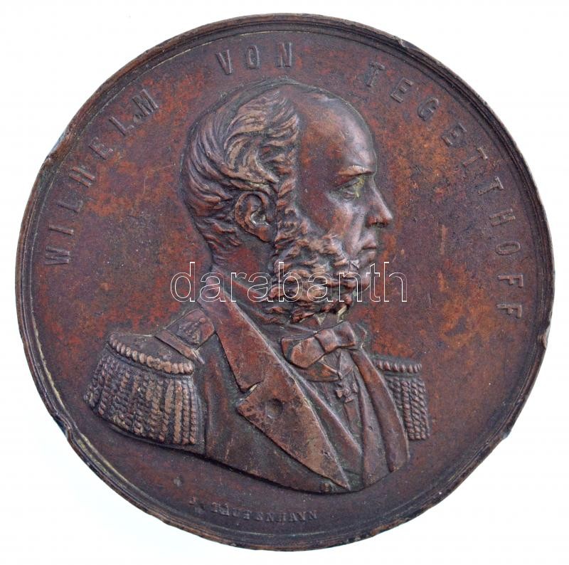 Ausztria ~1877. 'Wilhelm von Tegetthoff altengernagy Helgolandban való bátor küzdelméért, valamint dicsőséges győzelméért Vis-nél, mely halhatatlan hírnevet és tengeri hatalmat szerzett Ausztriának' kétoldalas Br emlékérem. Szign.: