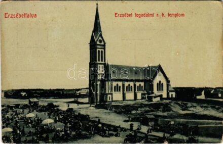 Budapest XX. Pestszenterzsébet, Pesterzsébet, Erzsébetfalva; Fogadalmi római katolikus templom, piac. Matkovich A. kiadása, W.L. Bp. 6041. (EK)