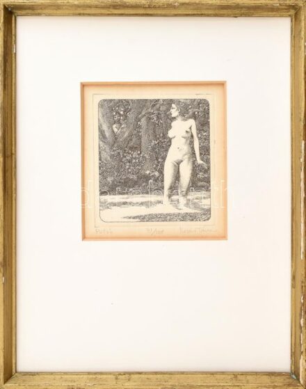Kovács Tamás (1942-1999): Patak. Rézkarc, papír, jelzett, számozott (71/100).Dekoratív, kissé sérült fakeretben, 15×14 cm
