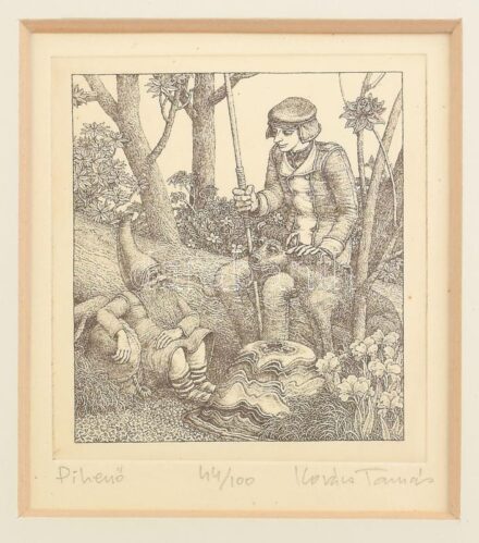 Kovács Tamás (1942-1999): Pihenő. Rézkarc, papír, jelzett, számozott (44/100). Üvegezett, kissé sérült fakeretben, 12×11,5 cm