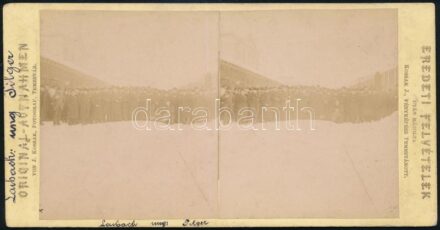 cca 1890 Laibach Ljubjana vasútállomás csoportkép sztereofoto Kossak.