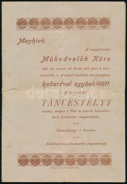 1919 Meghívó a nagykikindai műkedvelők körének táncestélyére