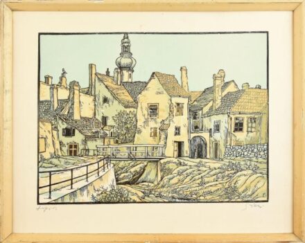 Gácsi Mihály (1926-1987): Sopron. Színes linómetszet, papír, jelzett. Kissé kopott fakeretben, 30×40 cm