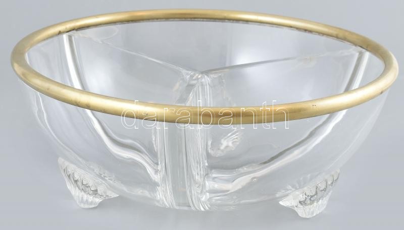 Három részre osztott üveg kínáló, fém peremmel, kopott, m:9cm, d:22cm - Image 2