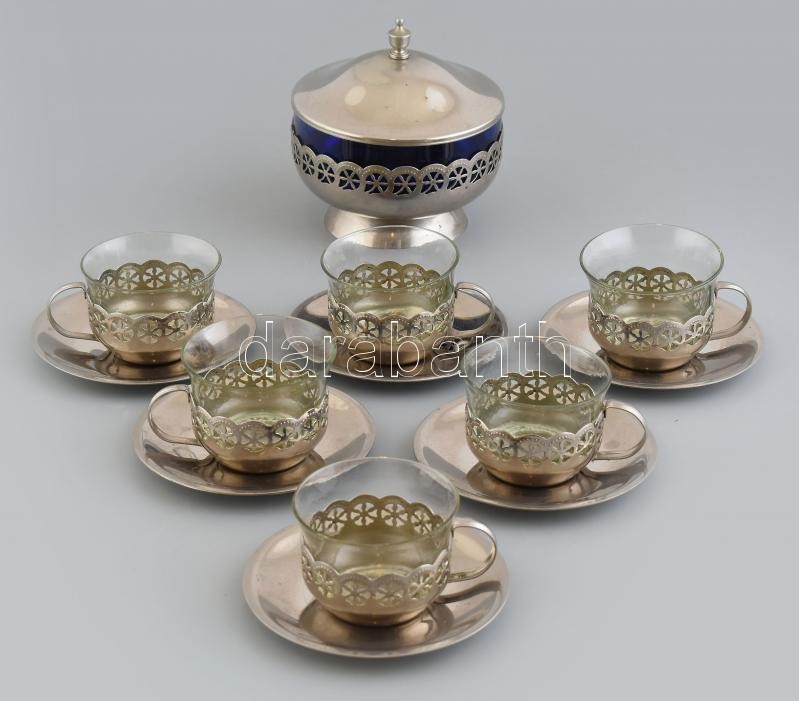 Fém + üveg betétes hat személyes teás csésze készélet, aljjal.