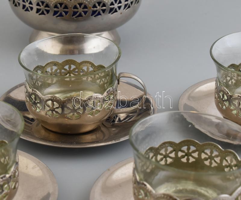 Fém + üveg betétes hat személyes teás csésze készélet, aljjal. - Image 2