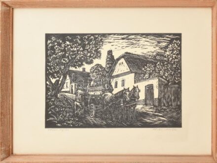 Réti Mátyás (1922-2002): Utcán. Linómetszet, papír. Jelzett, számozott: 16/100. Üvegezett fakeretben. 25x33 cm