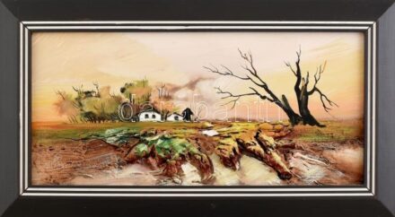 Tóth Rozália (1946-2015): Délután. Olaj, vegyes technika, farost, jelzett, sérült, 19x40cm. Dekoratív fakeretben.