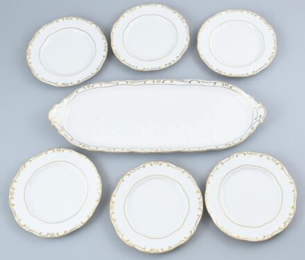 Zsolnay tollas porcelán süteményes készlet, Kézzel festett, jelzett, hibátlan. Eredeti dobozában.